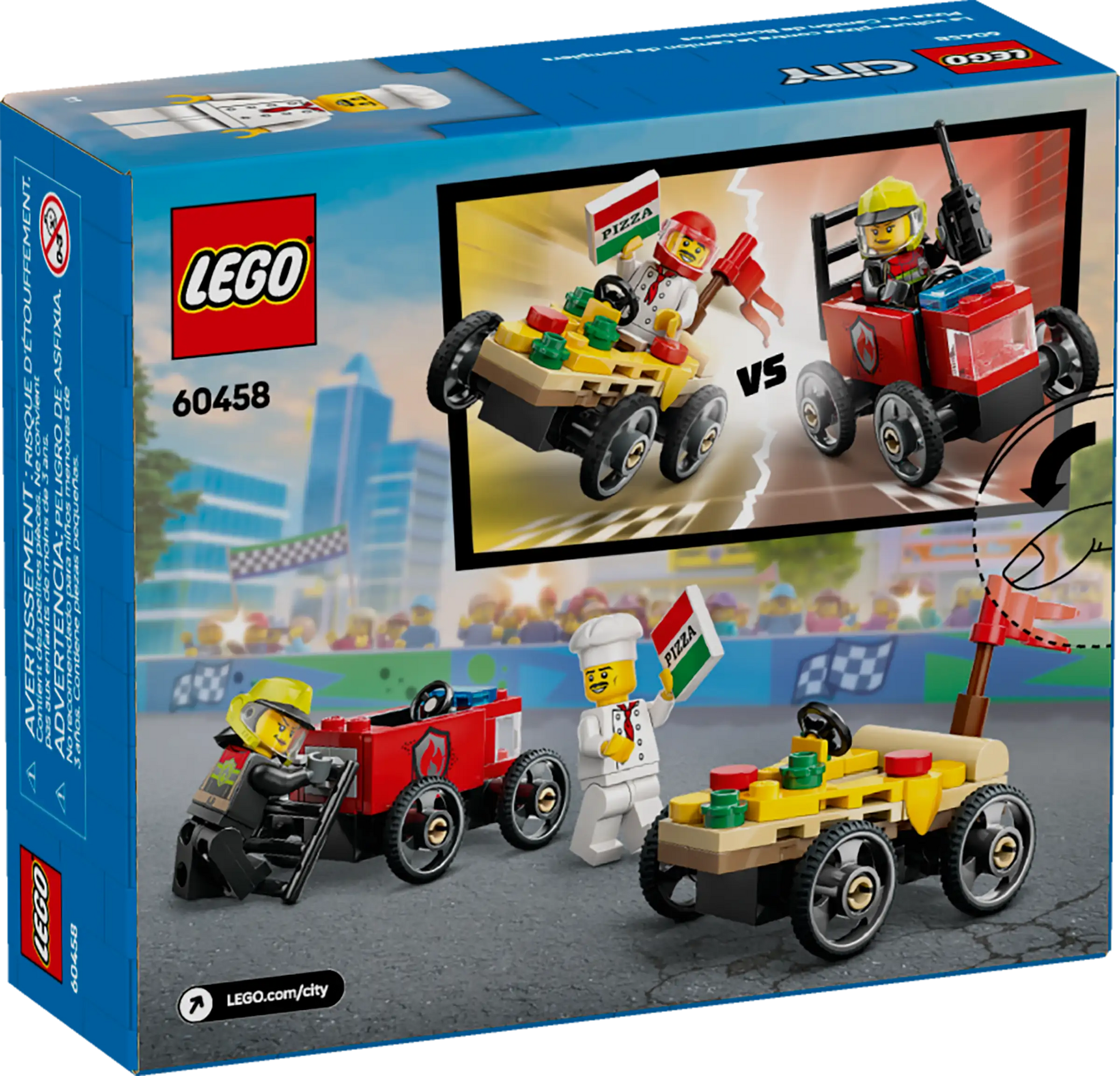 The Legos - Toyhouse LEGO® City Pizza vs. Fire Truck Race Car Pack features two race car toys and minifigures—a chef and a racer—for exciting play. Build and enjoy the fun with the LEGO Builder app!.