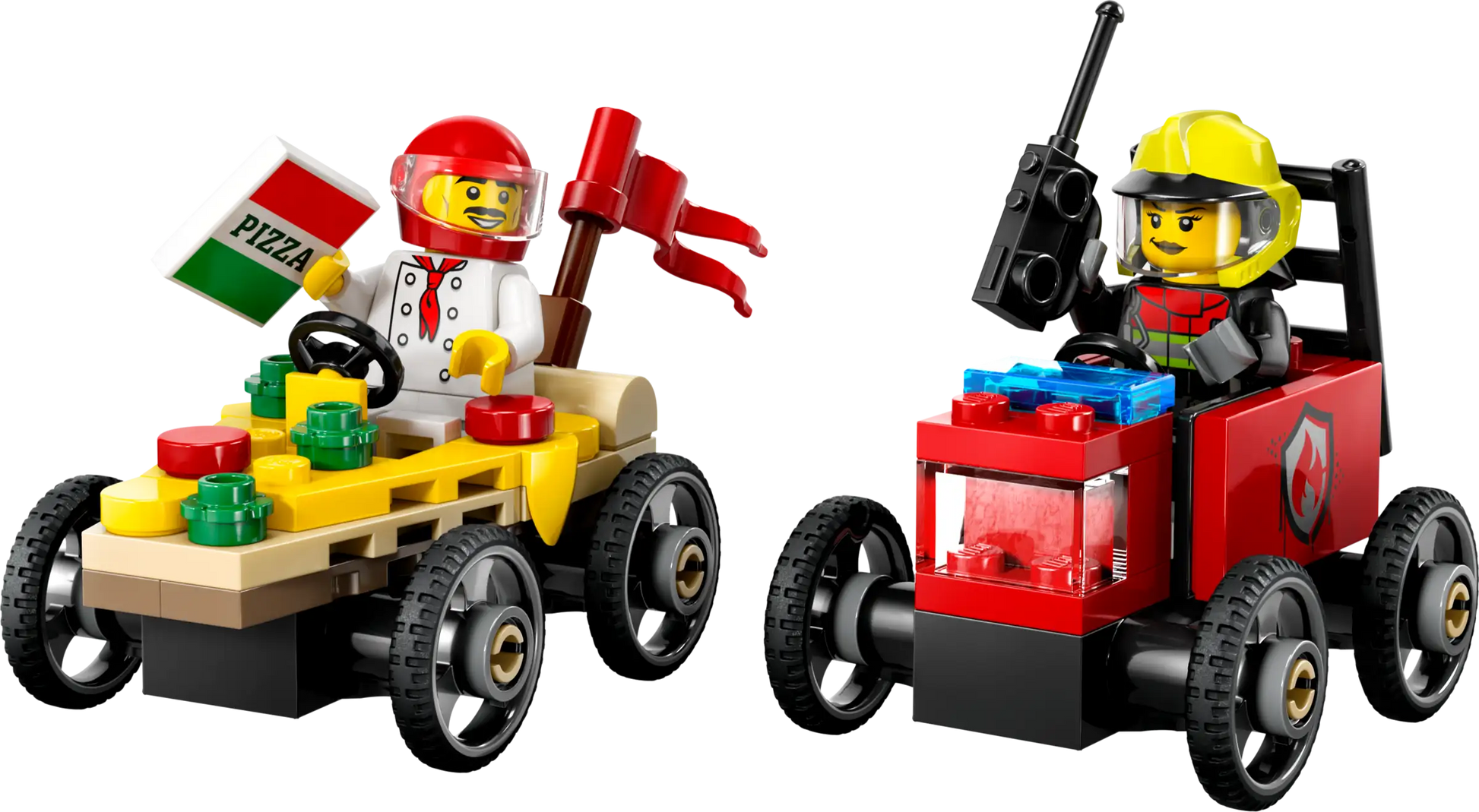 Speed into fun with the LEGO® City Pizza vs. Fire Truck Race Car Pack by Legos - Toyhouse! Includes a pizza chef minifigure with a pizza box and flag, plus a firefighter on a fire-themed race car. Build more in the LEGO Builder app!.