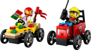 Speed into fun with the LEGO® City Pizza vs. Fire Truck Race Car Pack by Legos - Toyhouse! Includes a pizza chef minifigure with a pizza box and flag, plus a firefighter on a fire-themed race car. Build more in the LEGO Builder app!.