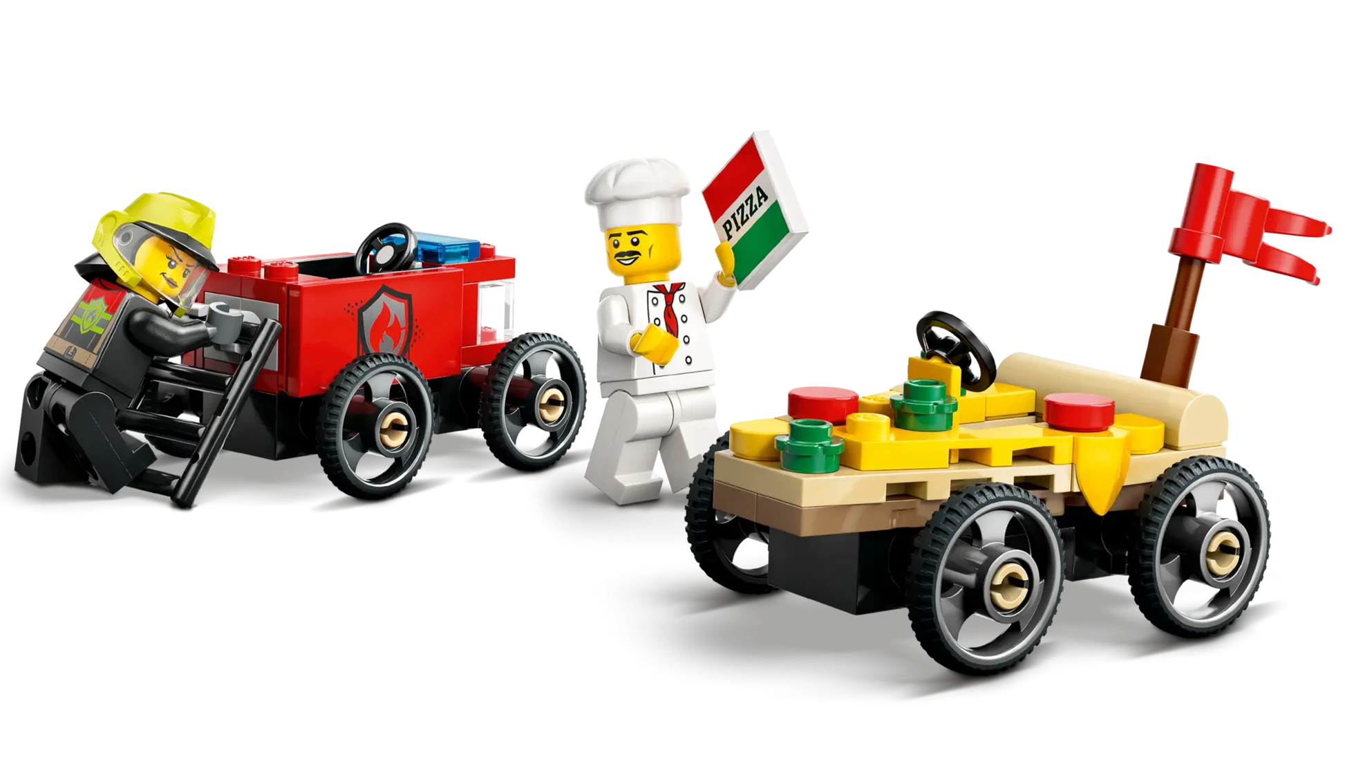Three LEGO minifigures join the LEGO® City Pizza vs. Fire Truck Race Car Pack by Legos - Toyhouse: a firefighter with a red cart, a chef with a pizza sign, and a yellow race car featuring pizza-themed decorations and red flags.