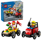 The LEGO® City Pizza vs. Fire Truck Race Car Pack by Legos - Toyhouse features two small race cars, a pizza chef and firefighter minifigure, and themed packaging. Build and play with the LEGO Builder app for added fun!.