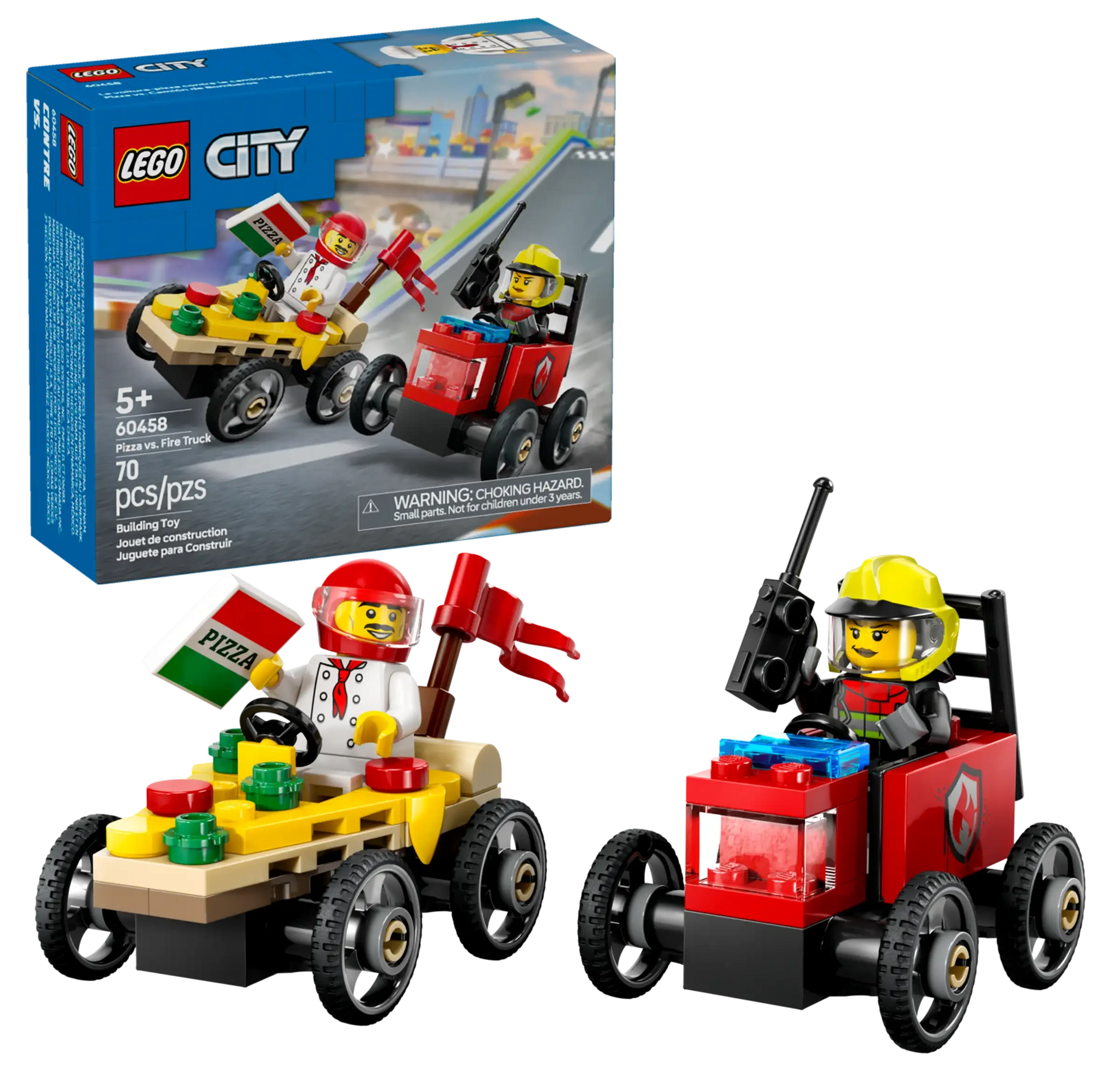 The LEGO® City Pizza vs. Fire Truck Race Car Pack by Legos - Toyhouse features two small race cars, a pizza chef and firefighter minifigure, and themed packaging. Build and play with the LEGO Builder app for added fun!.