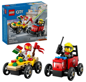 The LEGO® City Pizza vs. Fire Truck Race Car Pack by Legos - Toyhouse features two small race cars, a pizza chef and firefighter minifigure, and themed packaging. Build and play with the LEGO Builder app for added fun!.