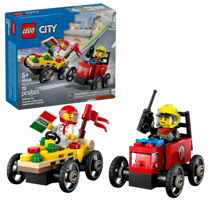 The LEGO® City Pizza vs. Fire Truck Race Car Pack by Legos - Toyhouse features two small race cars, a pizza chef and firefighter minifigure, and themed packaging. Build and play with the LEGO Builder app for added fun!.