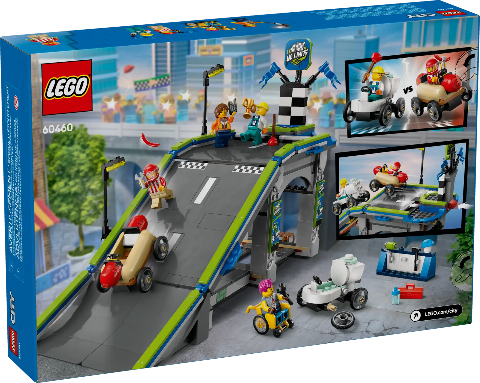 The LEGO® City No Limits: Race Car Ramp Track by Legos - Toyhouse features mini-figures, small race cars, a race ramp, finish line, and action scenes on the box.