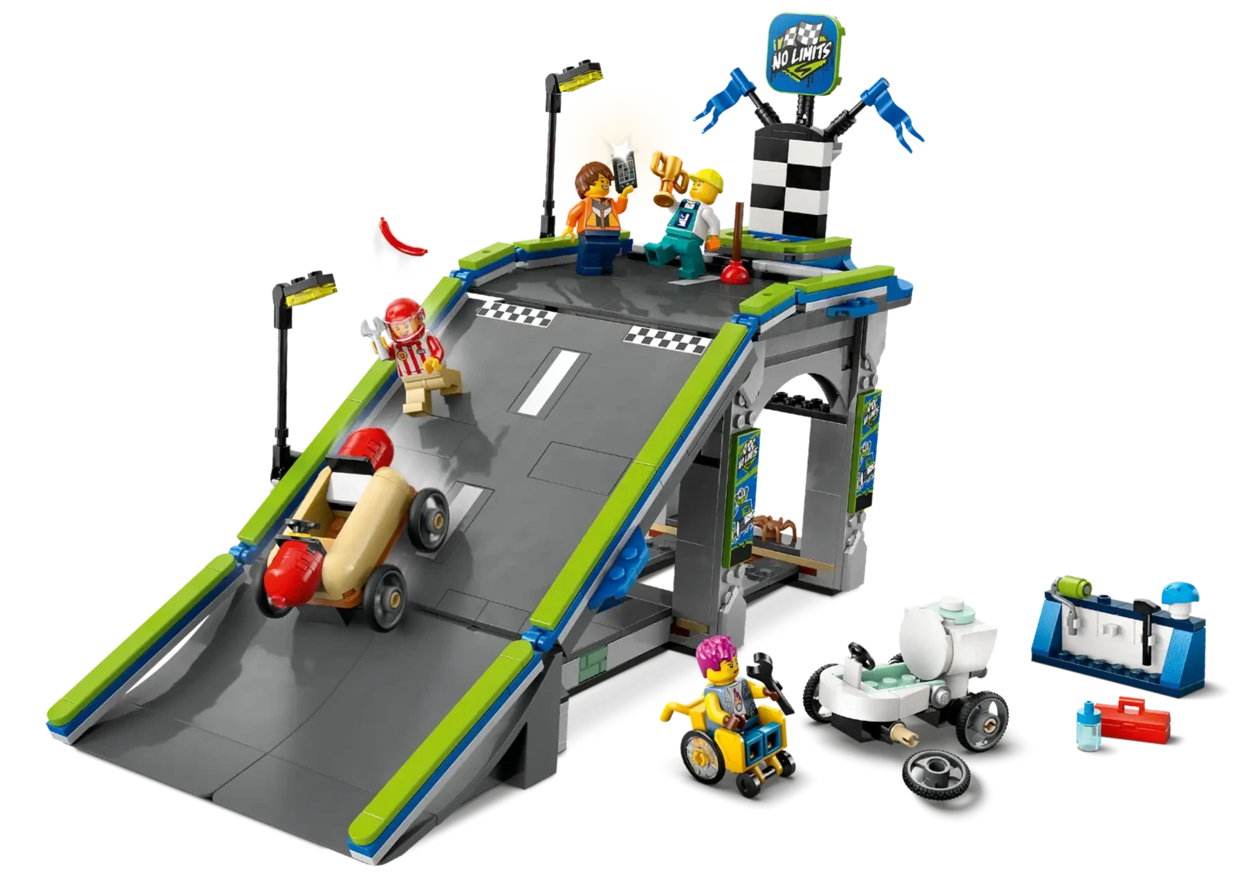 The LEGO® City No Limits: Race Car Ramp Track by Legos - Toyhouse includes a ramp, 2 race cars, 4 mini-figures, checkered finish line, streetlights, accessories, and a toolbox—ideal for any soapbox racing fan or LEGO City Race Car Ramp lover.