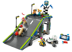 The LEGO® City No Limits: Race Car Ramp Track by Legos - Toyhouse includes a ramp, 2 race cars, 4 mini-figures, checkered finish line, streetlights, accessories, and a toolbox—ideal for any soapbox racing fan or LEGO City Race Car Ramp lover.