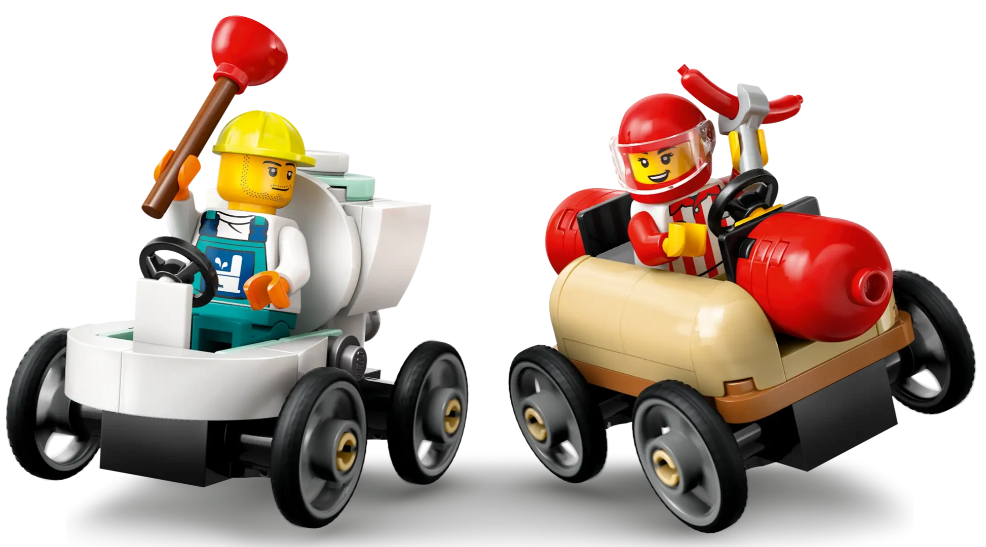 Two LEGO minifigures race on the LEGO® City No Limits: Race Car Ramp Track by Legos - Toyhouse—one in a construction helmet with a plunger, the other in a red helmet driving a sausage-shaped car, wrench in hand.