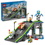 The LEGO® City No Limits: Race Car Ramp Track by Legos - Toyhouse includes a racetrack ramp, three race cars, four minifigures, and accessories—an exciting soapbox race car kit shown assembled with its box in the background.