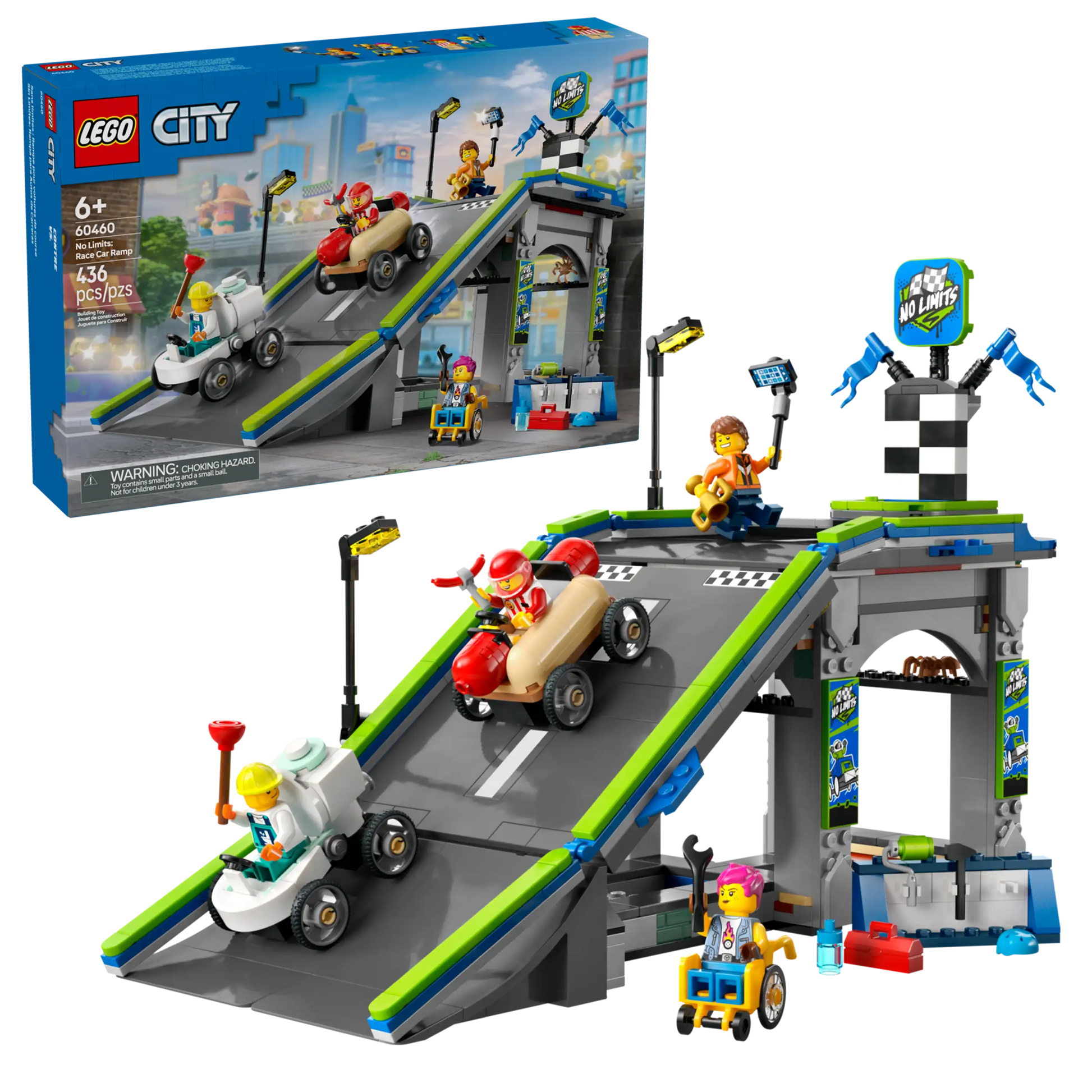 The LEGO® City No Limits: Race Car Ramp Track by Legos - Toyhouse includes a racetrack ramp, three race cars, four minifigures, and accessories—an exciting soapbox race car kit shown assembled with its box in the background.