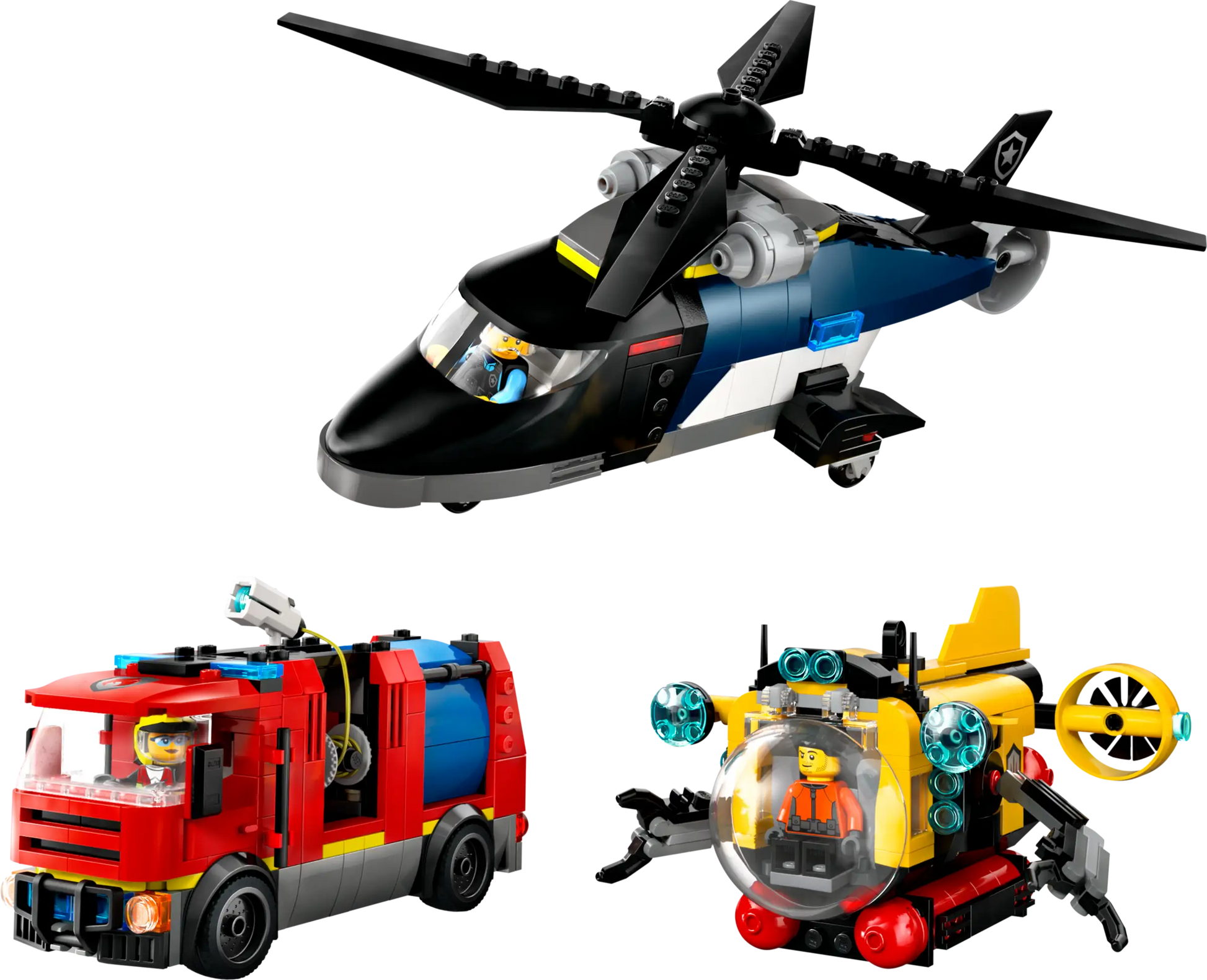 The LEGO® City Helicopter, Fire Truck & Submarine Remix by Legos - Toyhouse includes a helicopter, fire truck, and submarine, each with minifigures for creative play.
