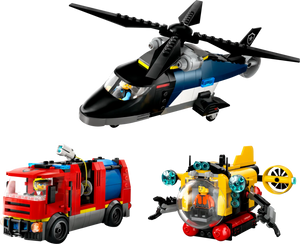 The LEGO® City Helicopter, Fire Truck & Submarine Remix by Legos - Toyhouse includes a helicopter, fire truck, and submarine, each with minifigures for creative play.
