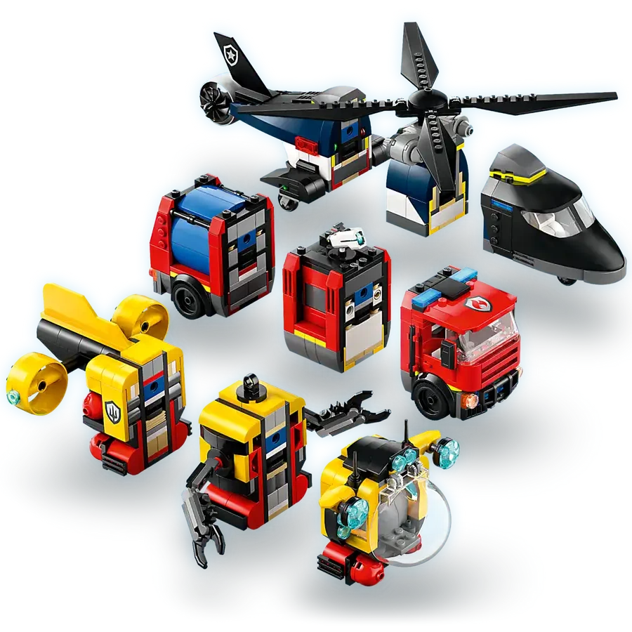 Explore the LEGO® City Helicopter, Fire Truck & Submarine Remix from Legos - Toyhouse, a vibrant set of interlocking building bricks that lets kids create vehicles and machines for endless imaginative play.