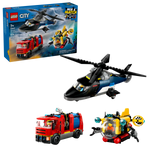 The Legos - Toyhouse LEGO® City Helicopter, Fire Truck & Submarine Remix set includes a tiltrotor helicopter, red fire truck, submarine vehicle, and features packaging with assembled models and set details.