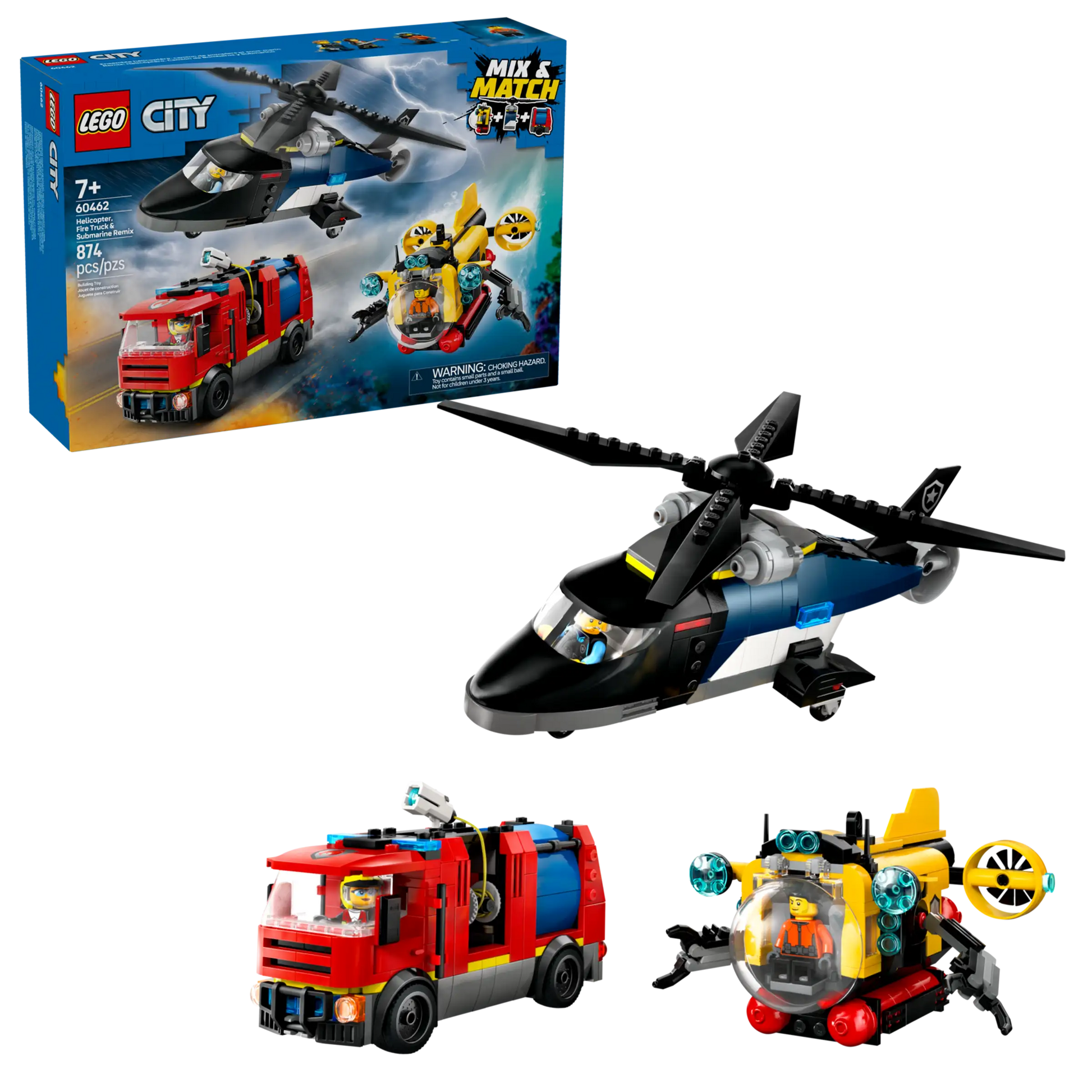 The Legos - Toyhouse LEGO® City Helicopter, Fire Truck & Submarine Remix set includes a tiltrotor helicopter, red fire truck, submarine vehicle, and features packaging with assembled models and set details.