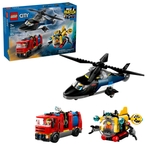 The Legos - Toyhouse LEGO® City Helicopter, Fire Truck & Submarine Remix set includes a tiltrotor helicopter, red fire truck, submarine vehicle, and features packaging with assembled models and set details.