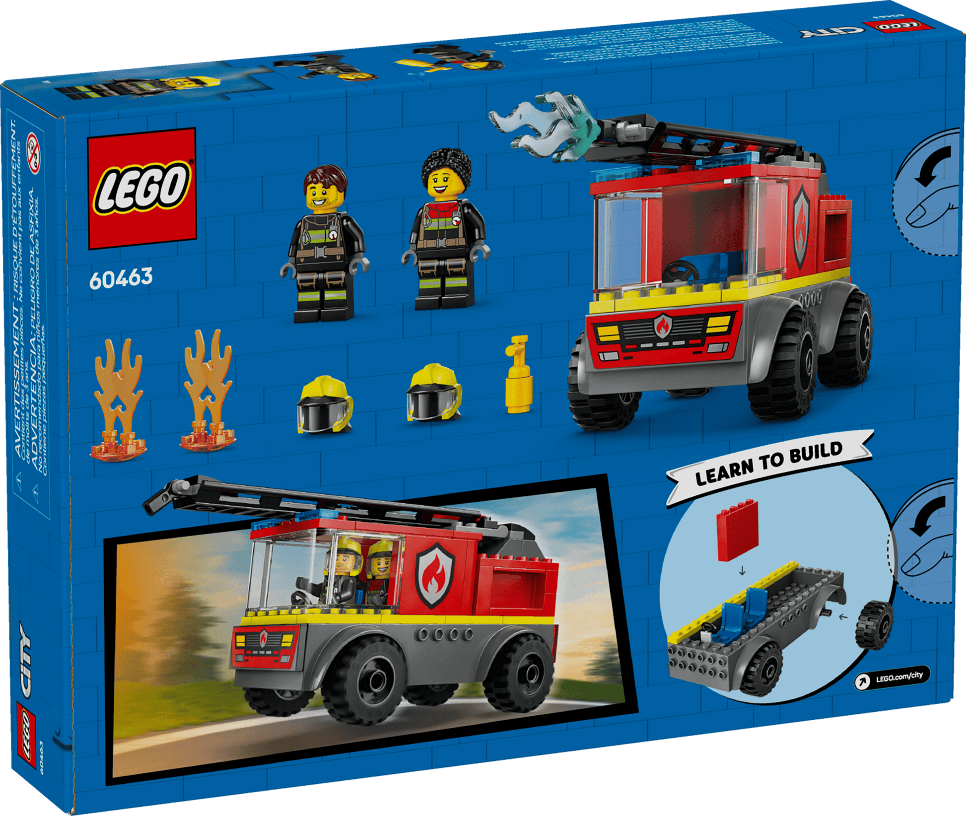 Back of Legos - Toyhouse LEGO® City Fire Ladder Truck box shows a fire truck toy, two firefighter minifigures with helmets, fire accessories, and step-by-step building instructions.