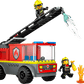 The LEGO® City Fire Ladder Truck by Legos - Toyhouse includes two firefighter figures—one on the ladder spraying water and another with an axe near flames in this detailed fire truck set.