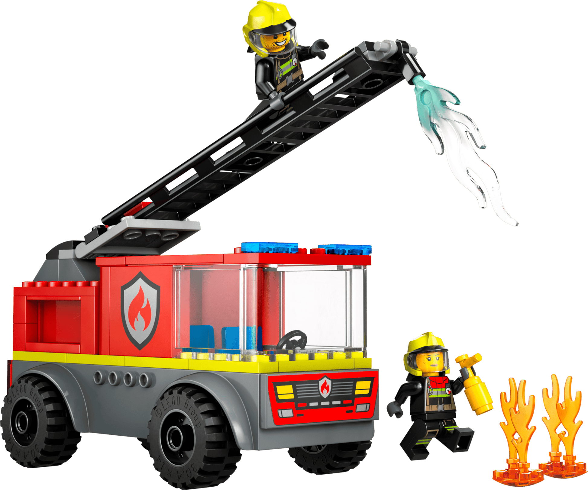 The LEGO® City Fire Ladder Truck by Legos - Toyhouse includes two firefighter figures—one on the ladder spraying water and another with an axe near flames in this detailed fire truck set.