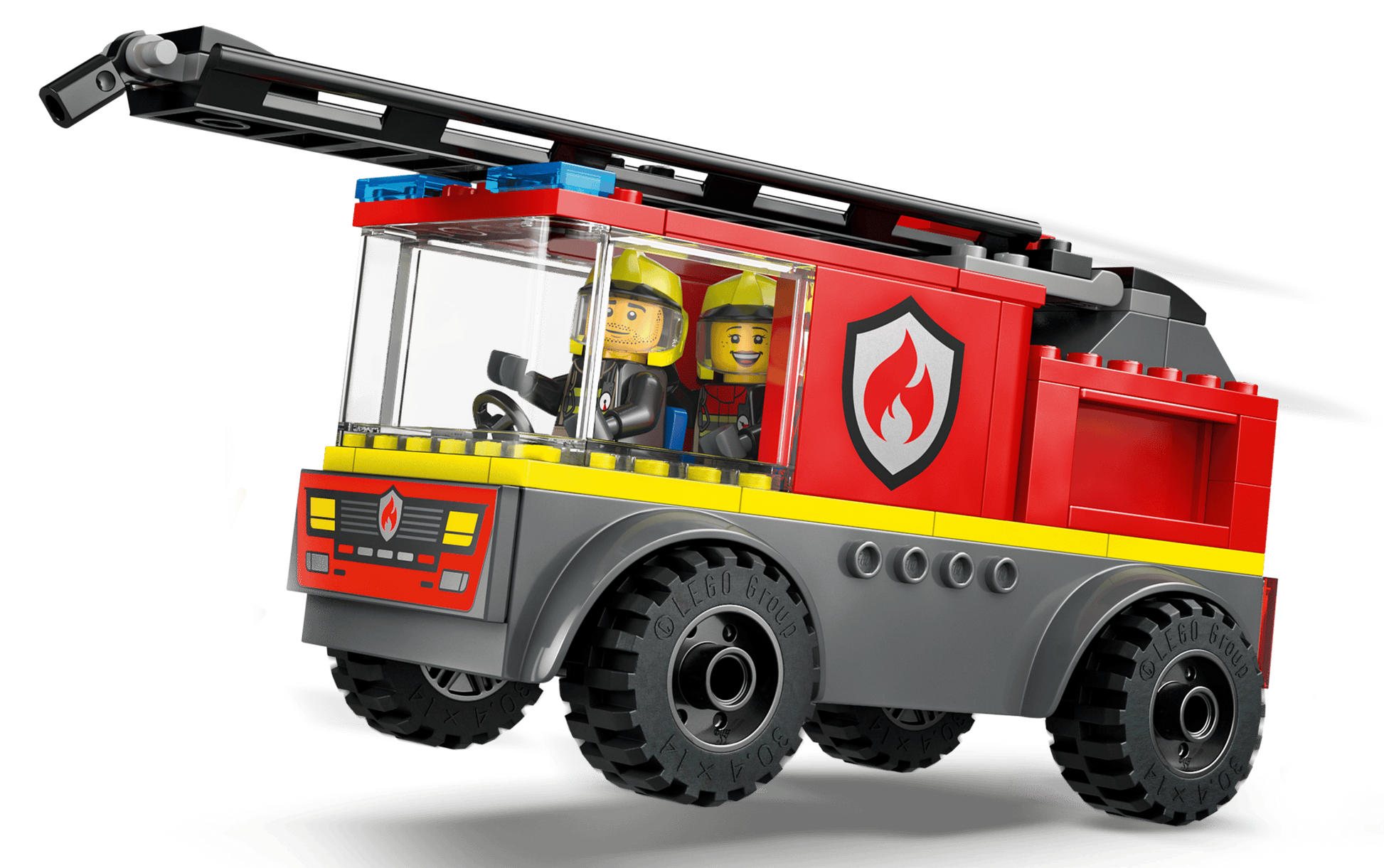 The LEGO® City Fire Ladder Truck by Legos - Toyhouse includes two firefighter mini-figures and features a red and gray design, ladder on top, and flame emblem—ideal for fire truck toy collections.