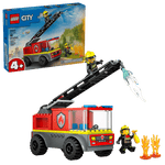 The LEGO® City Fire Ladder Truck by Legos - Toyhouse includes two firefighter minifigures, an extendable ladder, water elements, and fire accessories. The fire truck toy is displayed with its packaging in the background.
