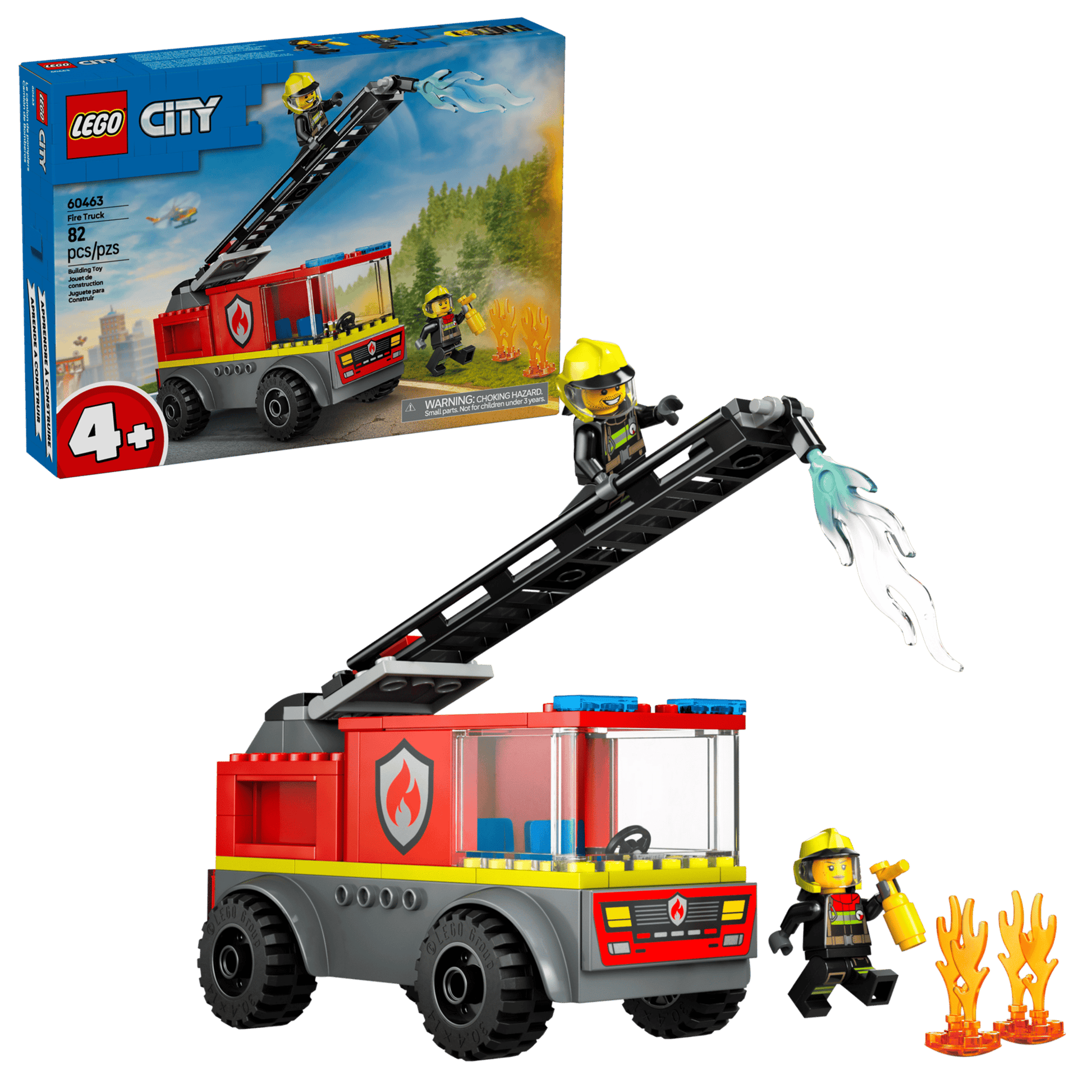 The LEGO® City Fire Ladder Truck by Legos - Toyhouse includes two firefighter minifigures, an extendable ladder, water elements, and fire accessories. The fire truck toy is displayed with its packaging in the background.