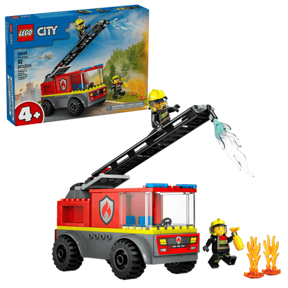 The LEGO® City Fire Ladder Truck by Legos - Toyhouse includes two firefighter minifigures, an extendable ladder, water elements, and fire accessories. The fire truck toy is displayed with its packaging in the background.