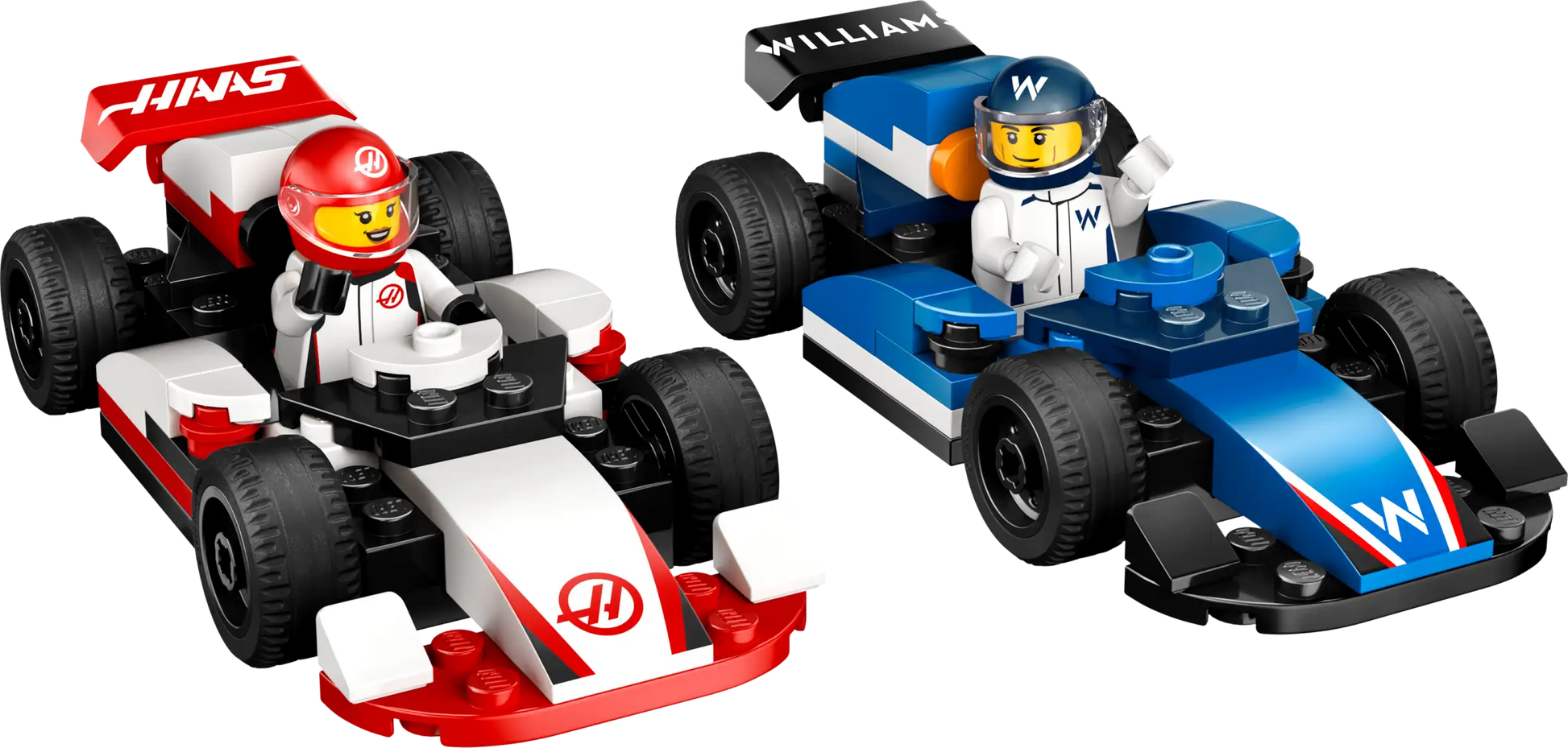 The LEGO® City F1® Williams Racing & Haas F1® Race Cars by Legos - Toyhouse features detailed blue and white Williams and red and white Haas race cars with drivers, perfect for capturing the excitement of Formula 1 play.