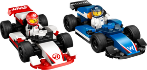 The LEGO® City F1® Williams Racing & Haas F1® Race Cars by Legos - Toyhouse features detailed blue and white Williams and red and white Haas race cars with drivers, perfect for capturing the excitement of Formula 1 play.