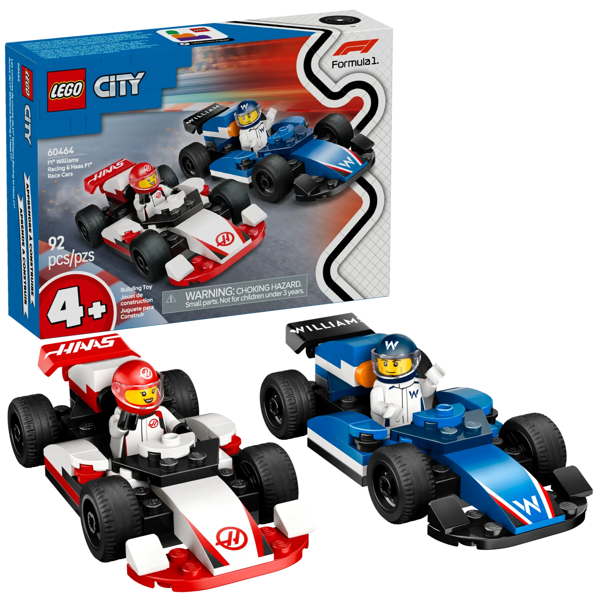 The LEGO® City F1® Williams Racing & Haas F1® Race Cars set by Legos - Toyhouse includes two buildable F1 cars, two driver minifigures, and packaging; recommended for ages 4+.