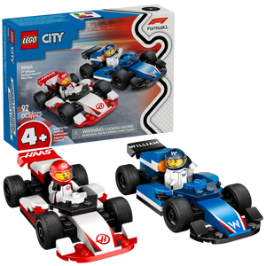 The LEGO® City F1® Williams Racing & Haas F1® Race Cars set by Legos - Toyhouse includes two buildable F1 cars, two driver minifigures, and packaging; recommended for ages 4+.