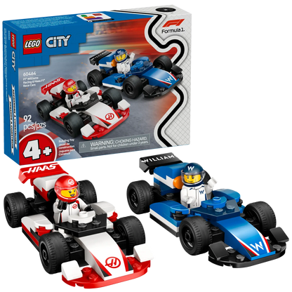 The LEGO® City F1® Williams Racing & Haas F1® Race Cars set by Legos - Toyhouse includes two buildable F1 cars, two driver minifigures, and packaging; recommended for ages 4+.