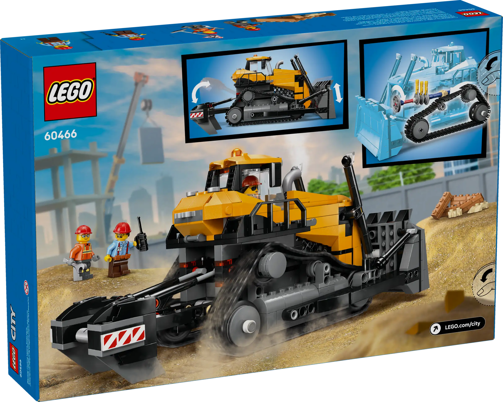 The LEGO® City Yellow Bulldozer by Legos - Toyhouse includes a detailed construction vehicle playset, construction workers, and packaging with illustrated images highlighting the model and its mechanical features.