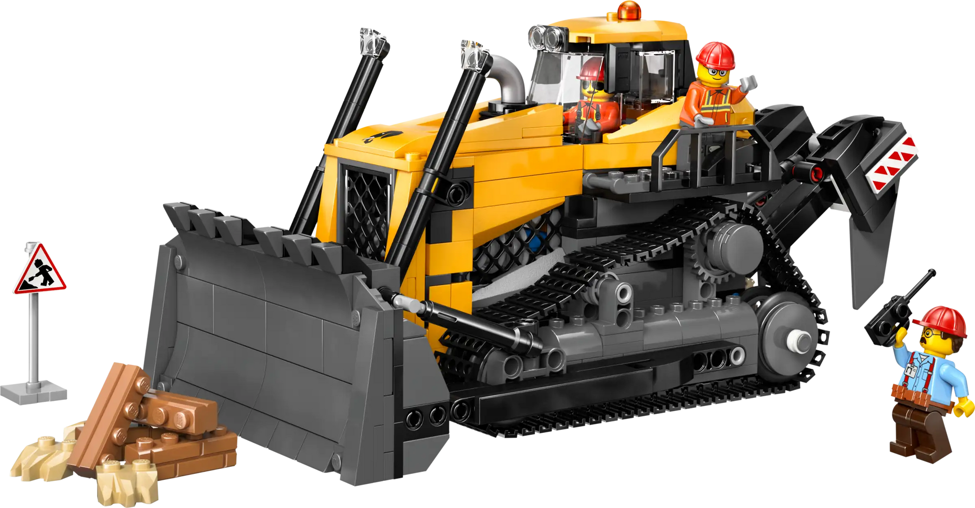 The Legos - Toyhouse LEGO® City Yellow Bulldozer set features a vibrant yellow bulldozer, workers in hard hats, a construction sign, and wooden pieces—ideal for fans of building toys and the LEGO® City Yellow Bulldozer.