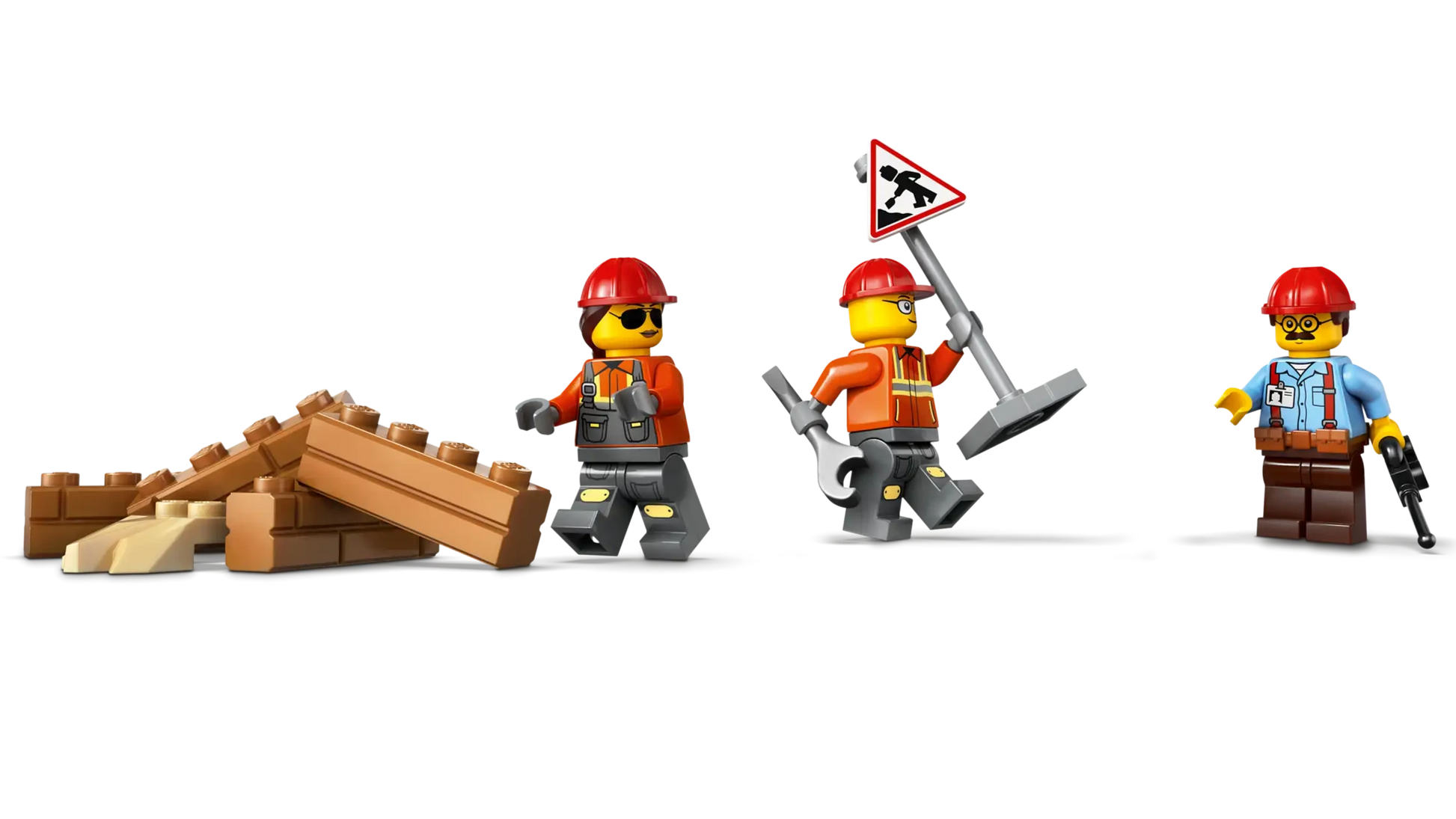 Three construction worker minifigures from the LEGO® City Yellow Bulldozer by Legos - Toyhouse stand by brown bricks; one holds a shovel, another has a roadwork sign, and the third carries a wrench and clipboard.