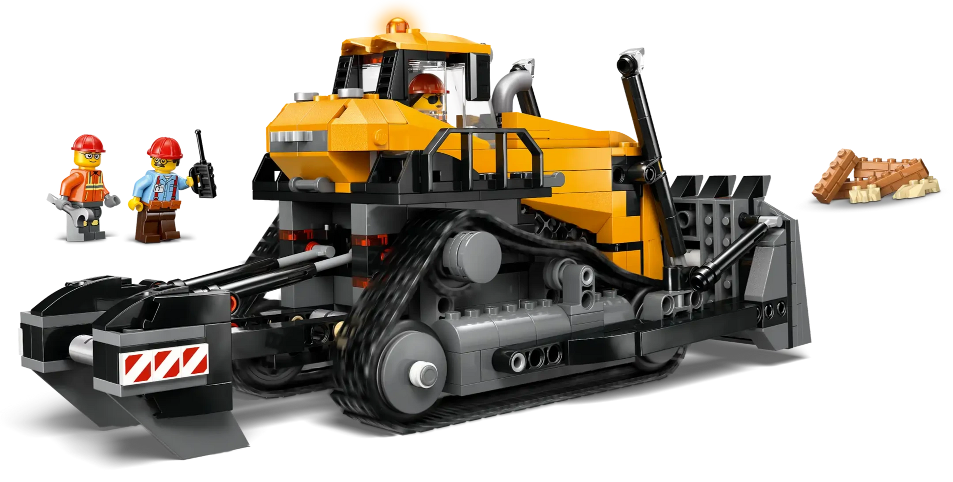 The Legos - Toyhouse LEGO® City Yellow Bulldozer set includes a yellow bulldozer with black treads, two construction worker minifigures, a walkie-talkie, and bricks for creative construction vehicle play.