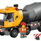 The LEGO® City Cement Mixer by Legos - Toyhouse features a cement mixer truck, three worker minifigures, a wheelbarrow, signs, and barriers—ideal for imaginative play.