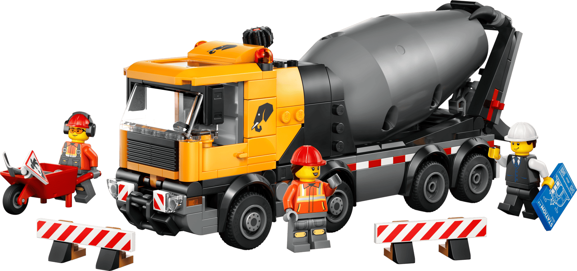 The LEGO® City Cement Mixer by Legos - Toyhouse features a cement mixer truck, three worker minifigures, a wheelbarrow, signs, and barriers—ideal for imaginative play.
