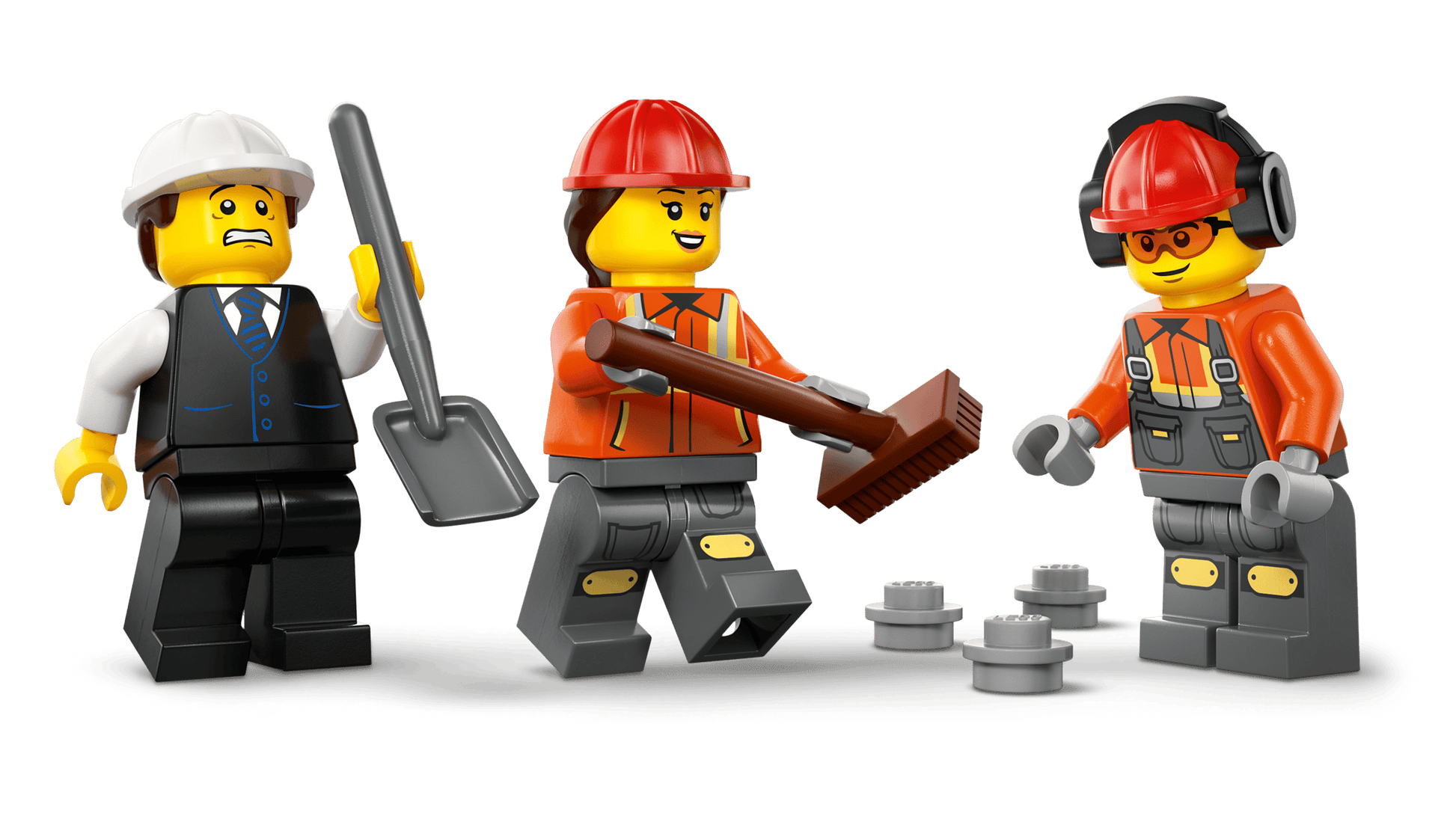 Three Legos - Toyhouse figures in construction outfits—one with a shovel, one with a broom, and one with ear protection—stand beside four gray pieces, perfect for any building kit or the LEGO® City Cement Mixer set.