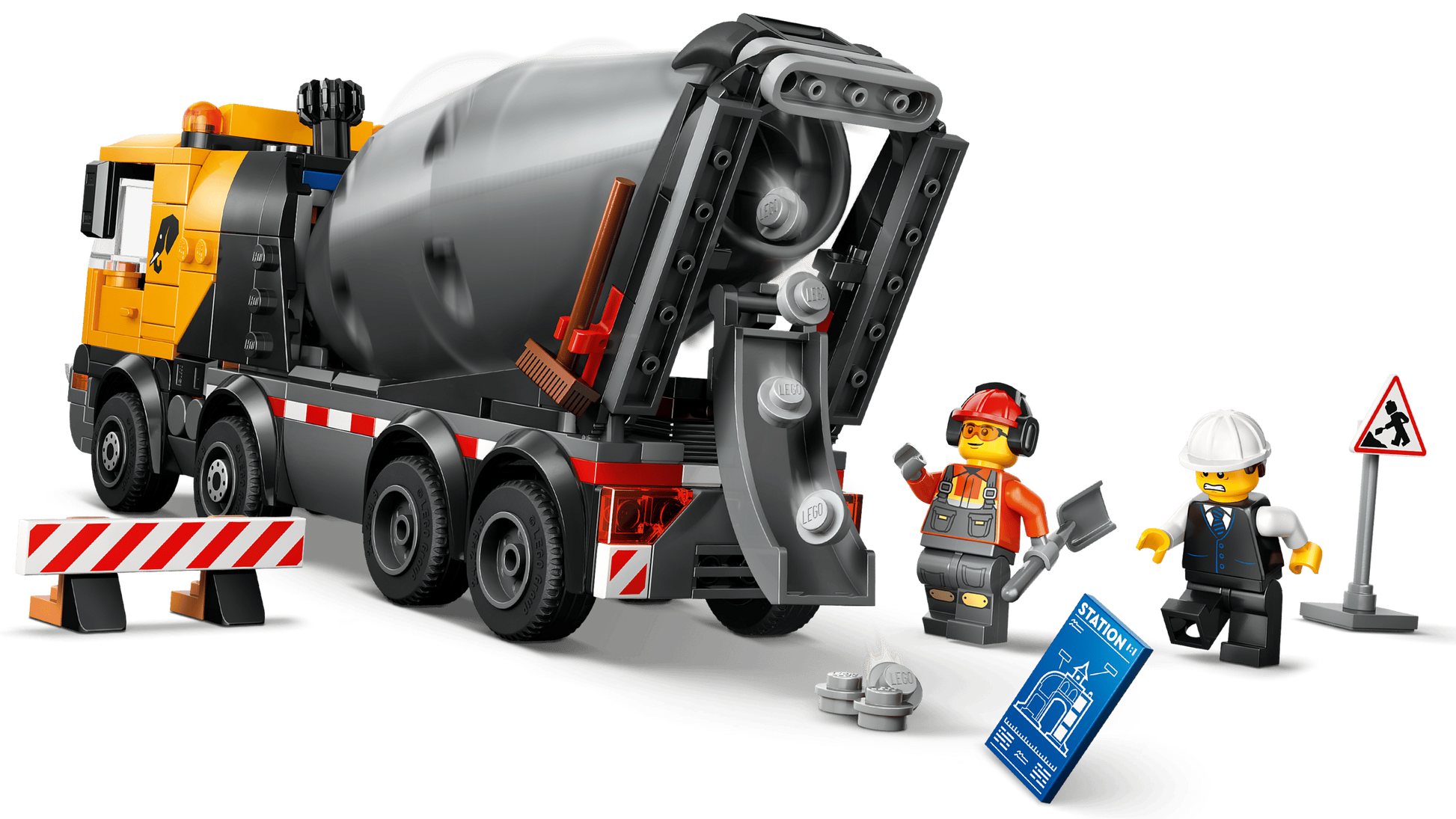 The LEGO® City Cement Mixer by Legos - Toyhouse includes two minifigures in safety gear, construction signs, a blueprint, barricade, and loose cement pieces—ideal for kids who enjoy creative building play.