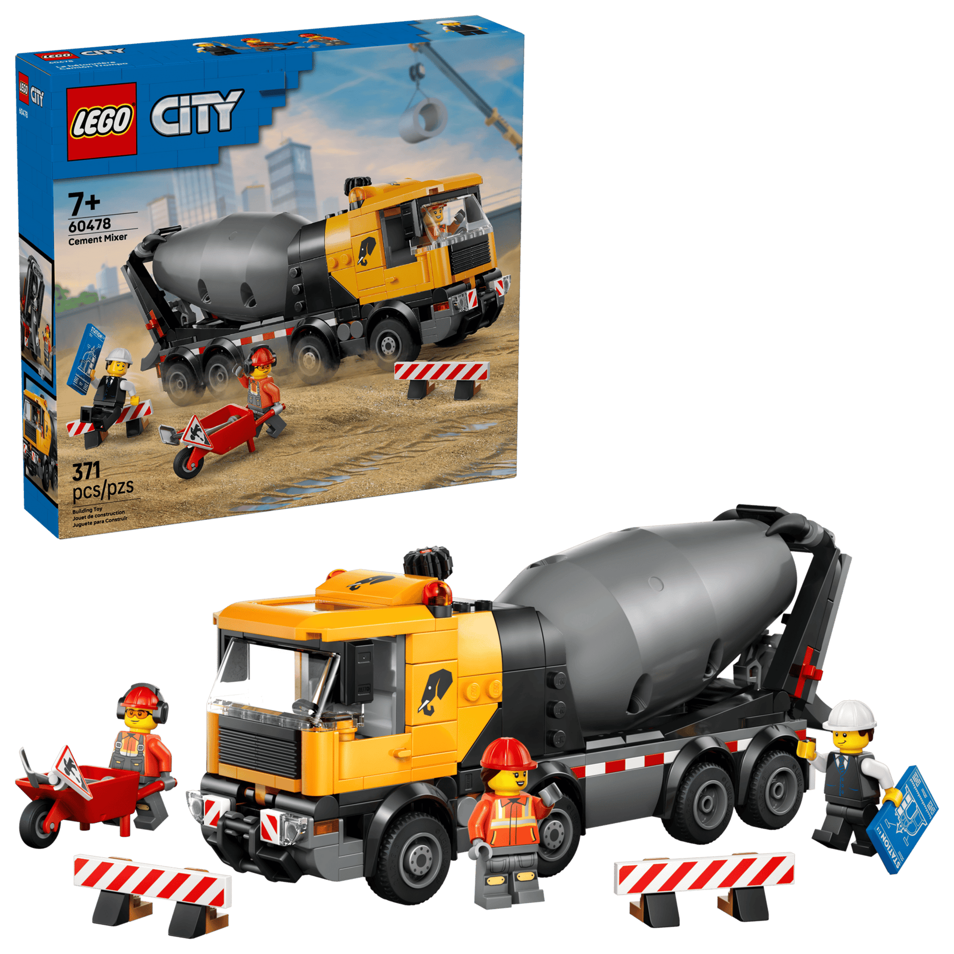 The LEGO® City Cement Mixer by Legos - Toyhouse includes construction workers, a motorbike, traffic barriers, and the box, making it an exciting construction toy truck set for creative play.