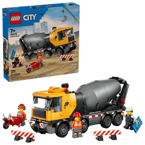 The LEGO® City Cement Mixer by Legos - Toyhouse includes construction workers, a motorbike, traffic barriers, and the box, making it an exciting construction toy truck set for creative play.
