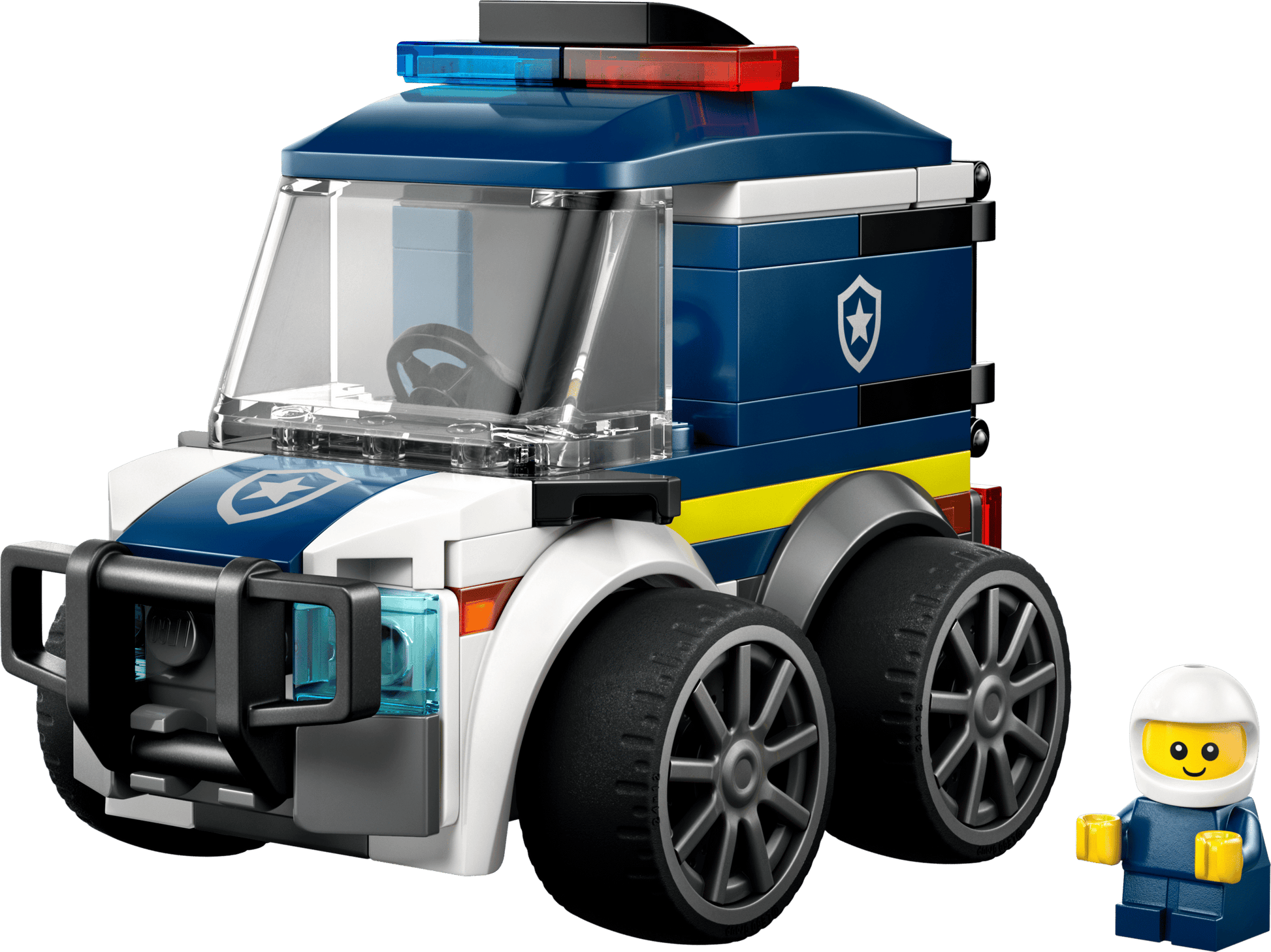 The LEGO® City Rides – Police Truck by Legos - Toyhouse features a blue and white design, large wheels, and comes with a smiling yellow minifigure in a white helmet—an ideal building kit for kids.
