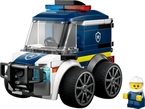 The LEGO® City Rides – Police Truck by Legos - Toyhouse features a blue and white design, large wheels, and comes with a smiling yellow minifigure in a white helmet—an ideal building kit for kids.