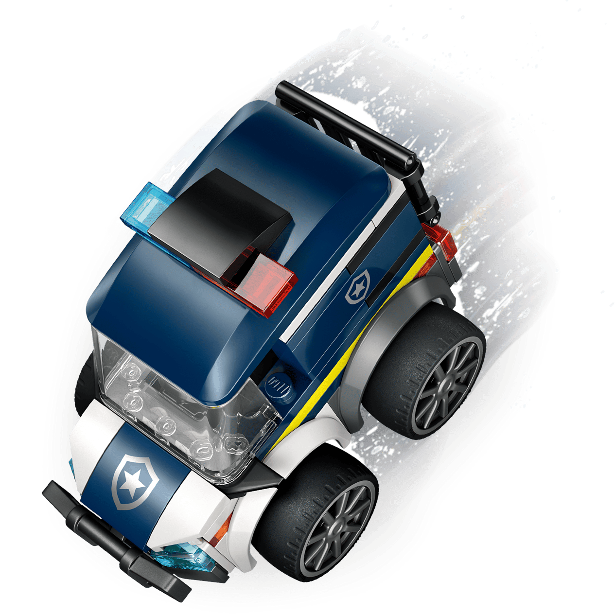 The LEGO® City Rides – Police Truck by Legos - Toyhouse, featuring black wheels, a blue and white body, red and blue lights, and a star badge, is shown speeding forward with motion blur effects.