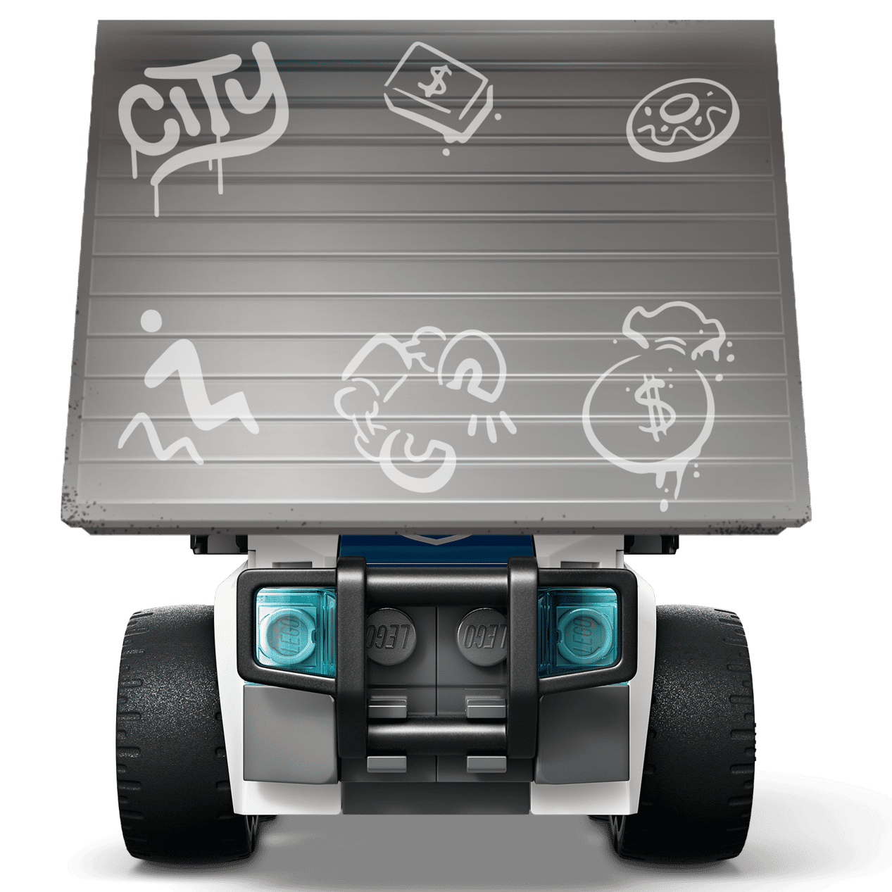 The Legos - Toyhouse LEGO® City Rides – Police Truck features blue accents and a flat rear with white city, money, donut, figure, sound, and money bag graffiti—a thrilling building kit for kids.