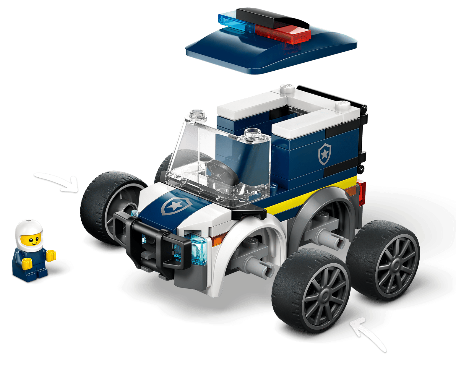 The LEGO® City Rides – Police Truck by Legos - Toyhouse includes a police truck with a removable roof, four large wheels, and a police minifigure in a helmet standing beside the vehicle.
