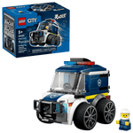 The LEGO® City Rides – Police Truck by Legos - Toyhouse includes a police truck toy, assembled model, box, and minifigure, all shown on a white background.