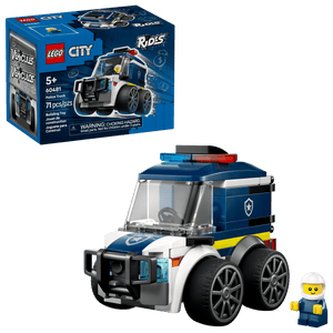 The LEGO® City Rides – Police Truck by Legos - Toyhouse includes a police truck toy, assembled model, box, and minifigure, all shown on a white background.