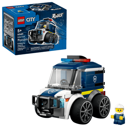The LEGO® City Rides – Police Truck by Legos - Toyhouse includes a police truck toy, assembled model, box, and minifigure, all shown on a white background.